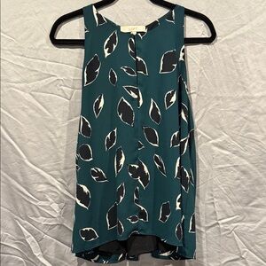 LOFT Teal Leaf Print Sleeveless Blouse